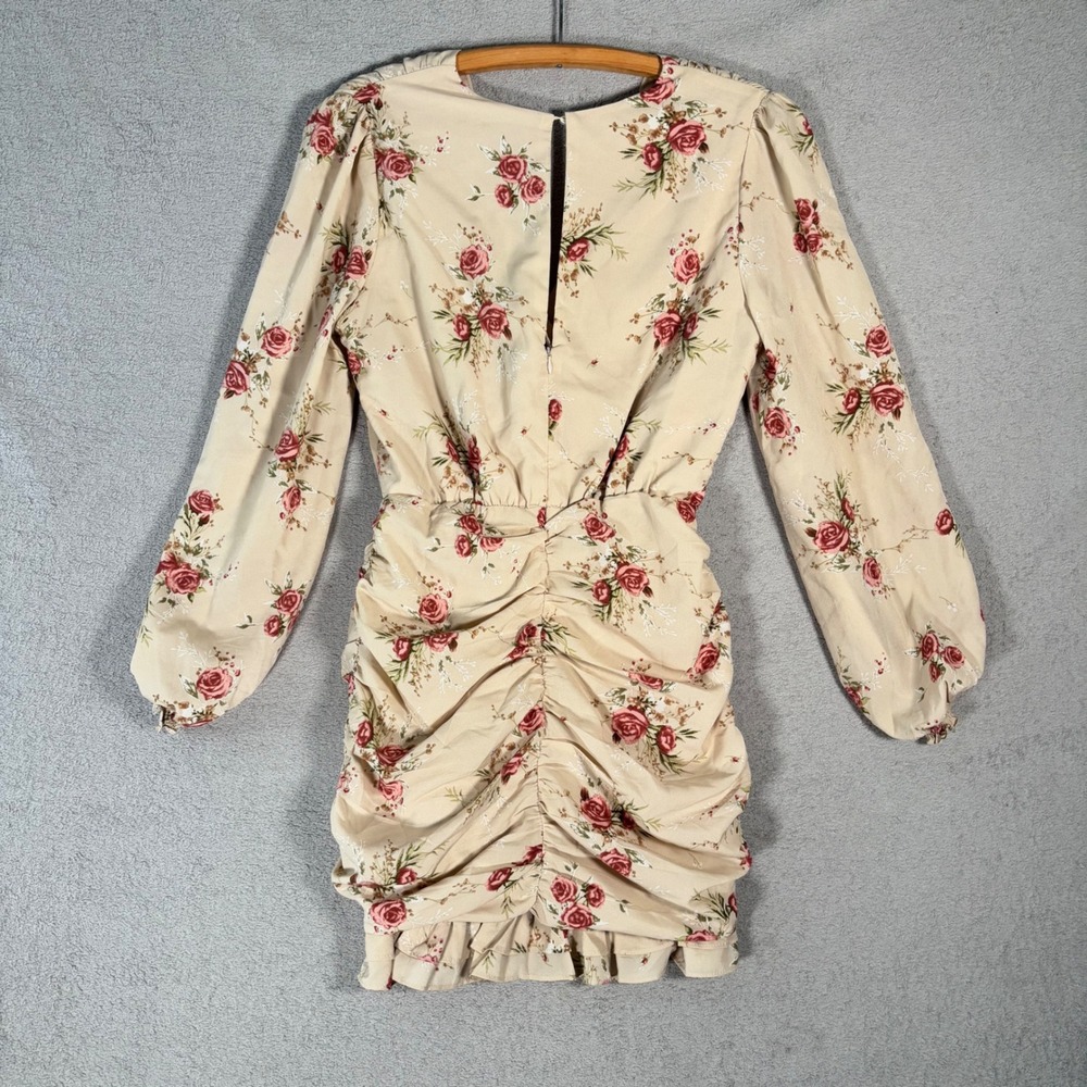 En Saison Floral Ruched Wrap Mini Dress Women's Size M‎ Beige Red Anthropologie - Picture 2 of 15